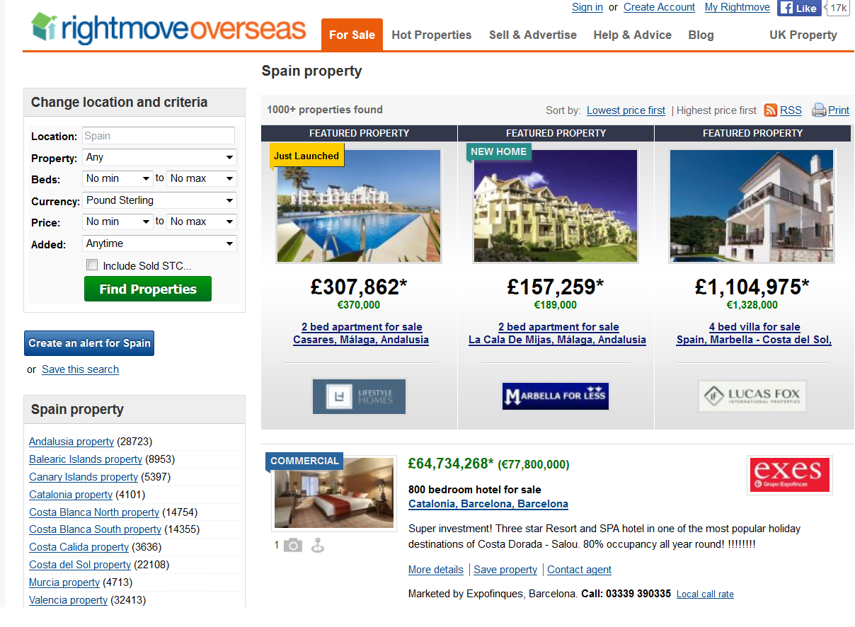 Captura de pantalla de búsqueda en rightmove overseas.