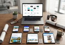 imagen de una mesa llena de dispositivos en los que se ven portales inmobiliarios