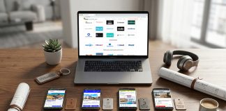 imagen de una mesa llena de dispositivos en los que se ven portales inmobiliarios