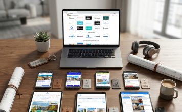 imagen de una mesa llena de dispositivos en los que se ven portales inmobiliarios