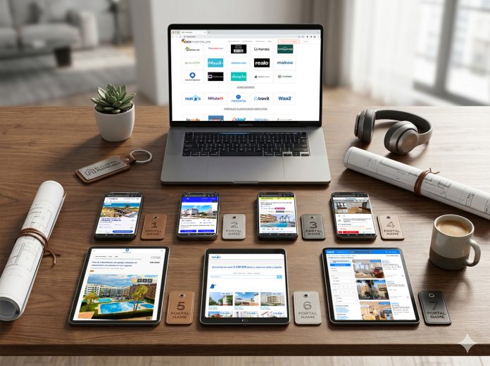 imagen de una mesa llena de dispositivos en los que se ven portales inmobiliarios